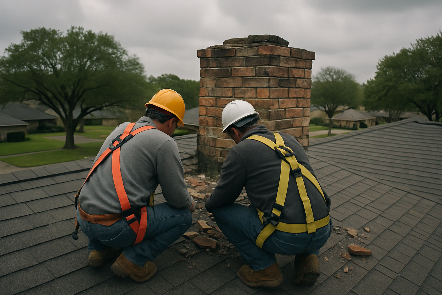 Shows an emergency roof response scene grounded in Houston's low-slope residential architecture and subtropical storm co