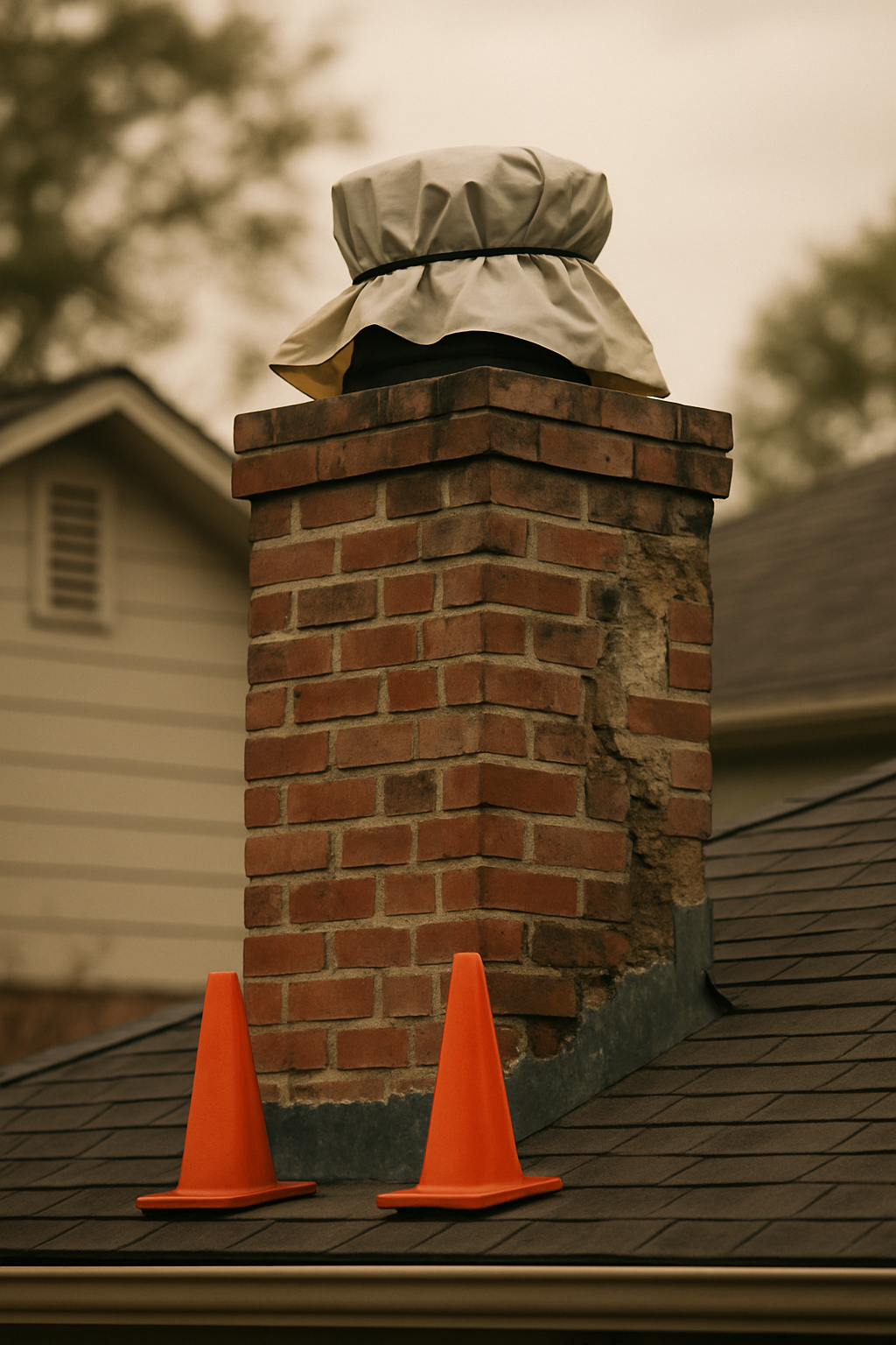 Illustrates the concept of temporary stabilisation before full repair, with visual cues like tarping and safety cones th