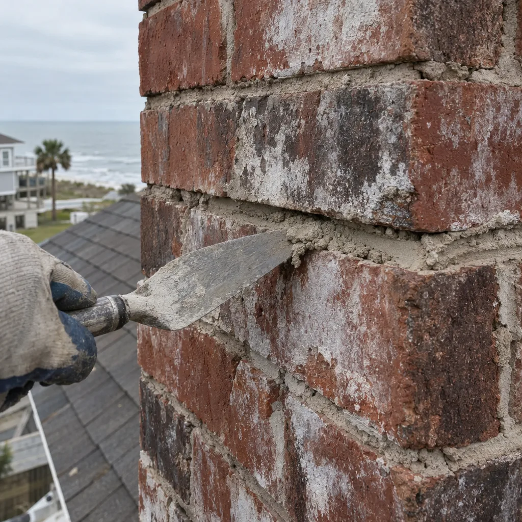 Gloved hand pressing fresh mortar into a weathered, salt-stained brick chimney joint with a pointing trowel under flat coastal light
