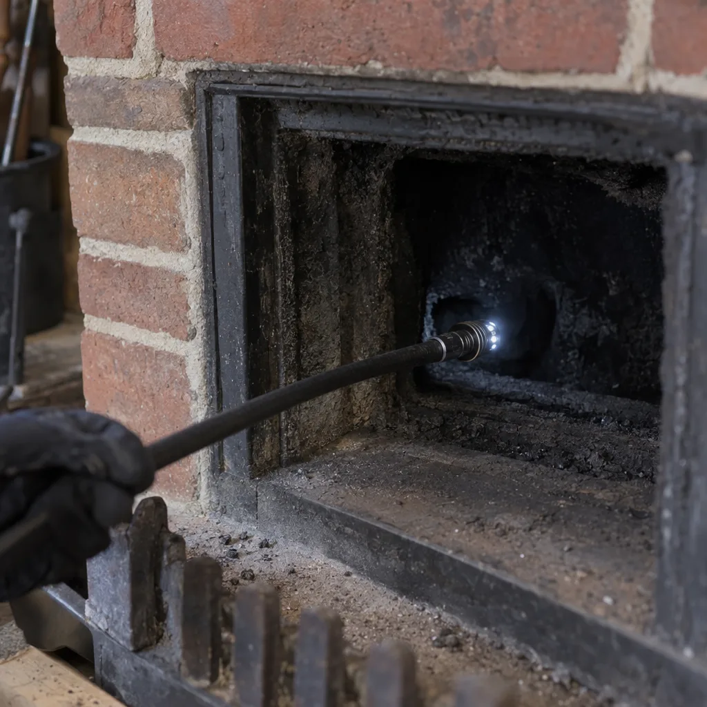 Close-up of a flexible inspection camera cable with camera head being inserted into a dark brick chimney flue opening