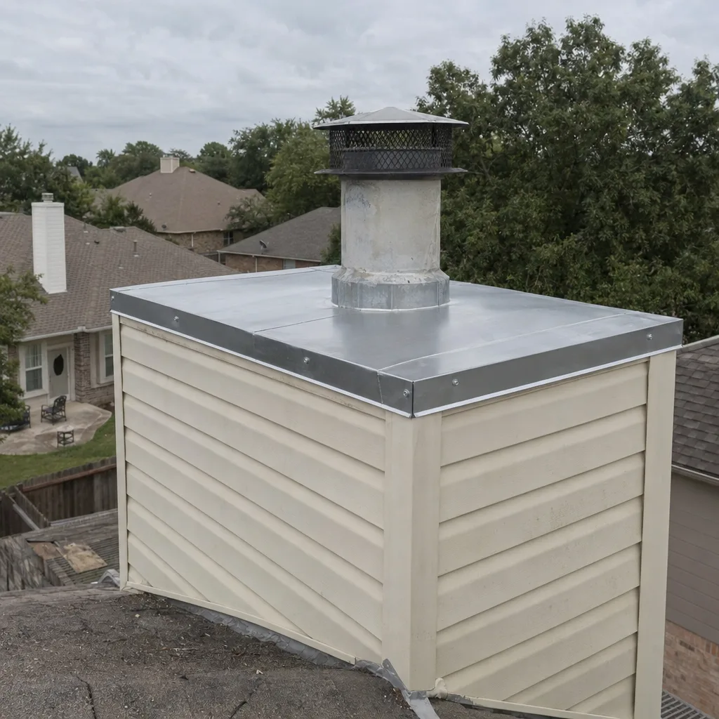 New stainless steel chase cover installed flush on top of a metal-sided prefabricated chimney chase on a suburban Houston two-story home