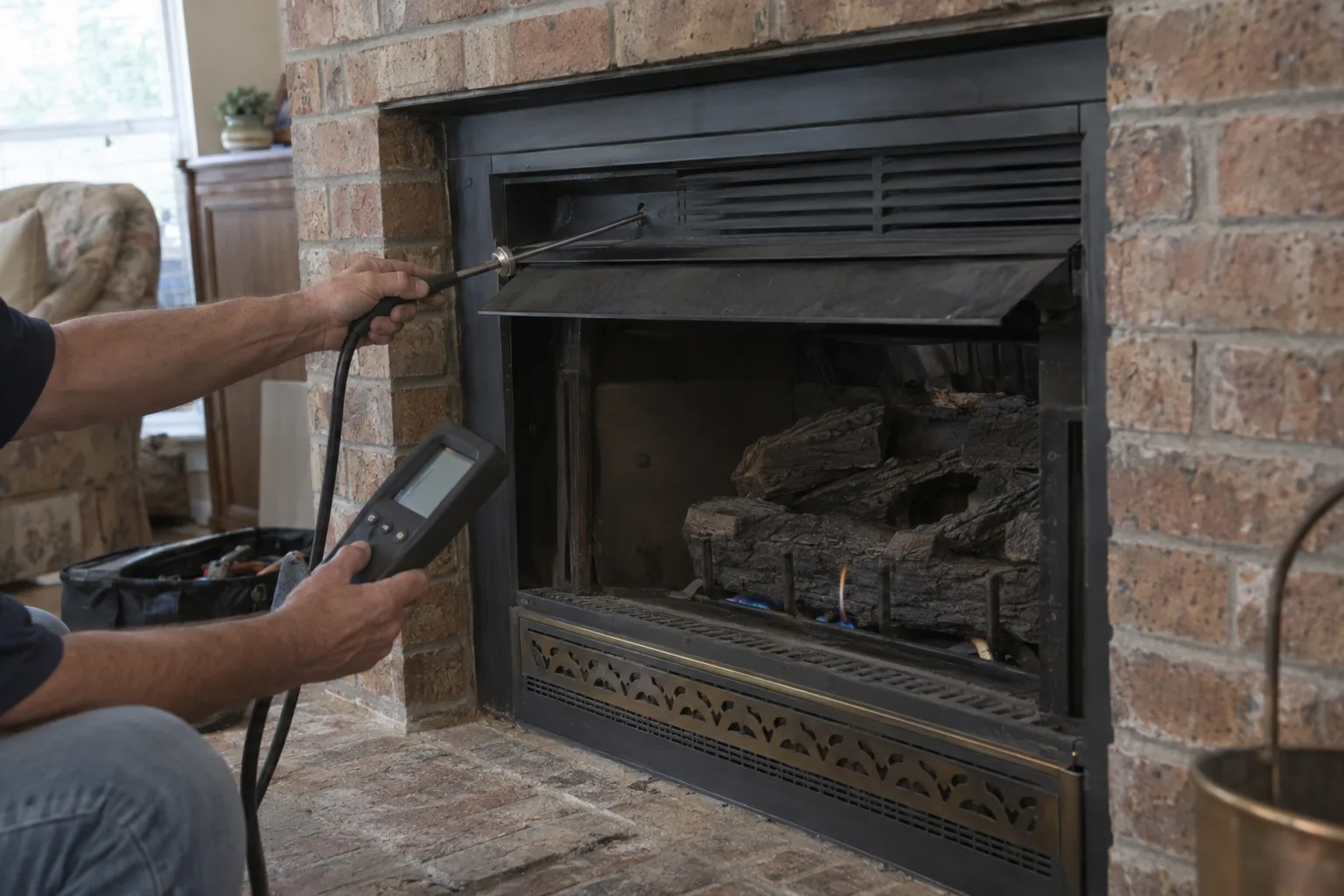 Technician's hands using a combustion analyzer near a gas fireplace insert in a brick surround inside a modest 1980s Houston suburban home