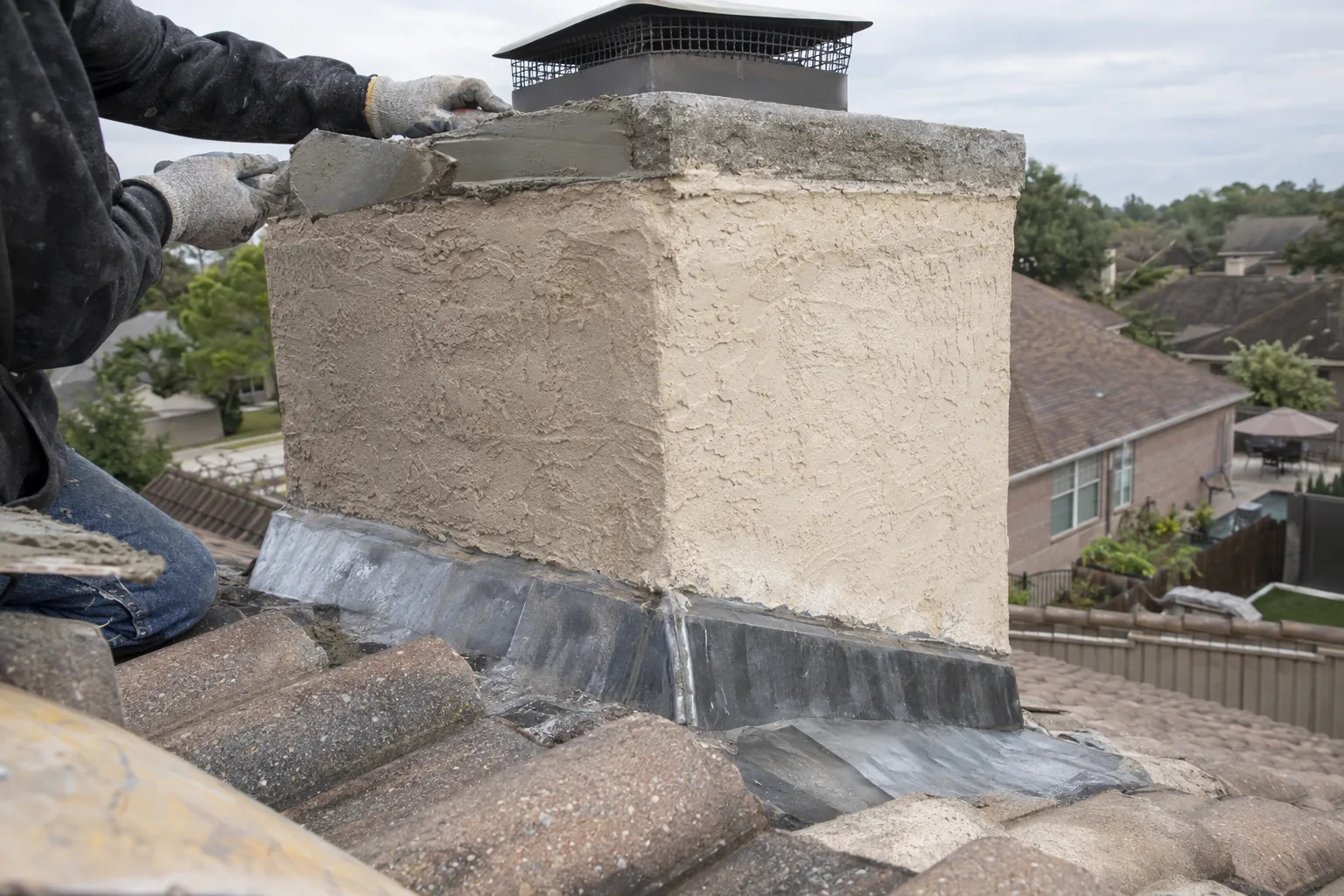 Gloved hands applying fresh mortar to a chimney crown on a stucco Houston suburban home, with new flashing visible at the chimney base on a concrete tile roof