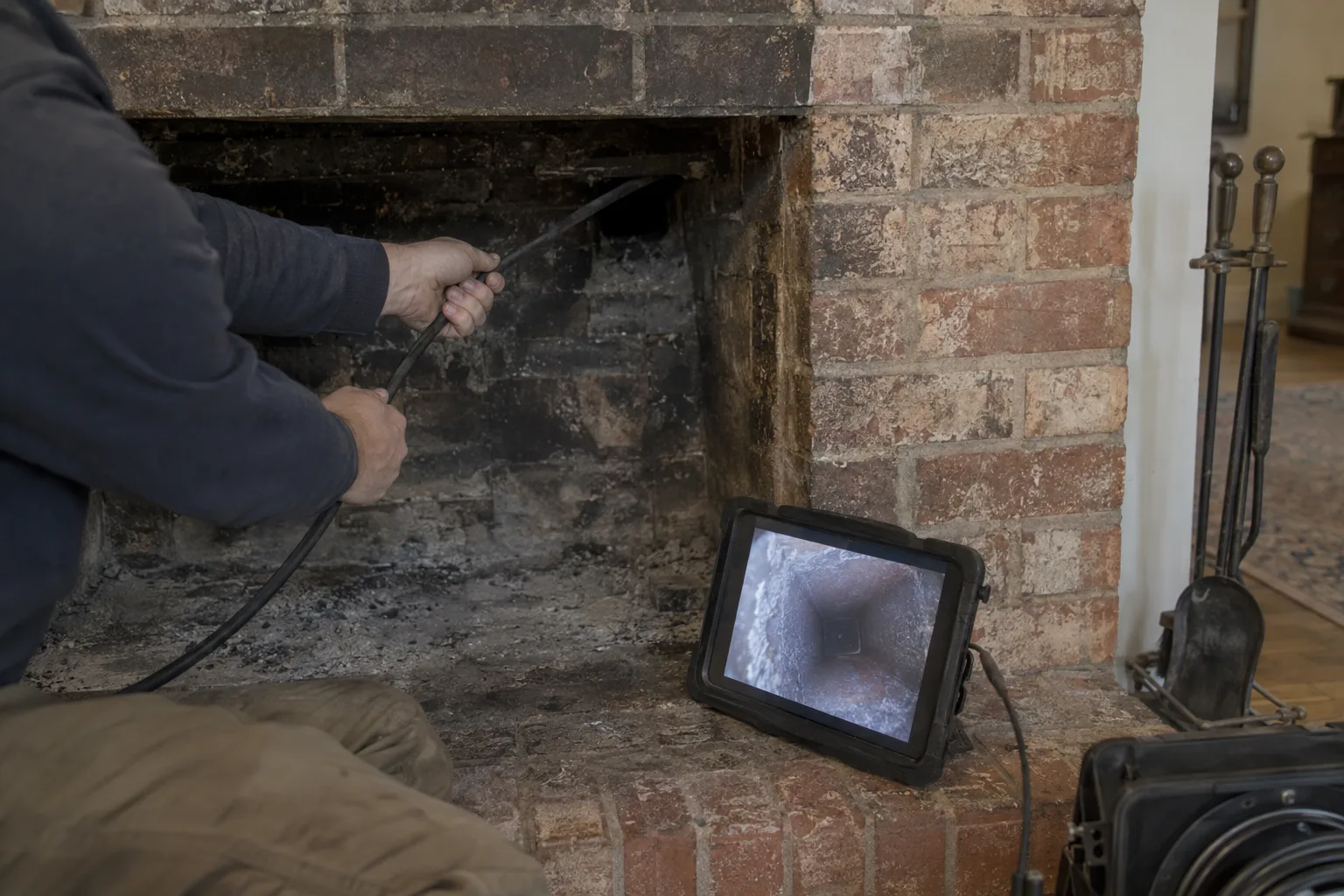 Technician's hands feeding an inspection camera into an old brick fireplace flue in a mid-century Houston bungalow, with a tablet showing the live camera feed on the hearth