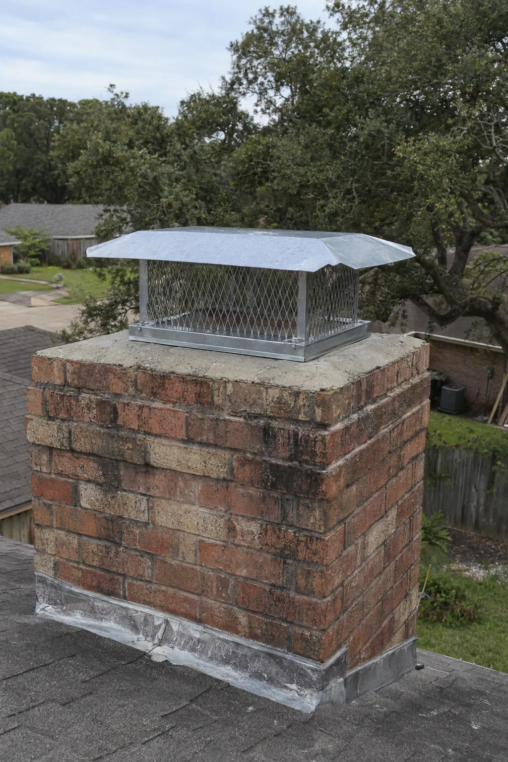 New mesh chimney cap installed on the brick crown of a ranch-style Houston home, blue sky and live oak trees in the background