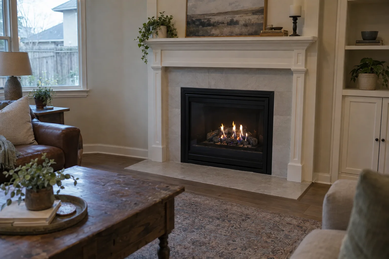 Lit gas fireplace with ceramic logs set in a white craftsman-style mantel inside a modern Houston-area living room