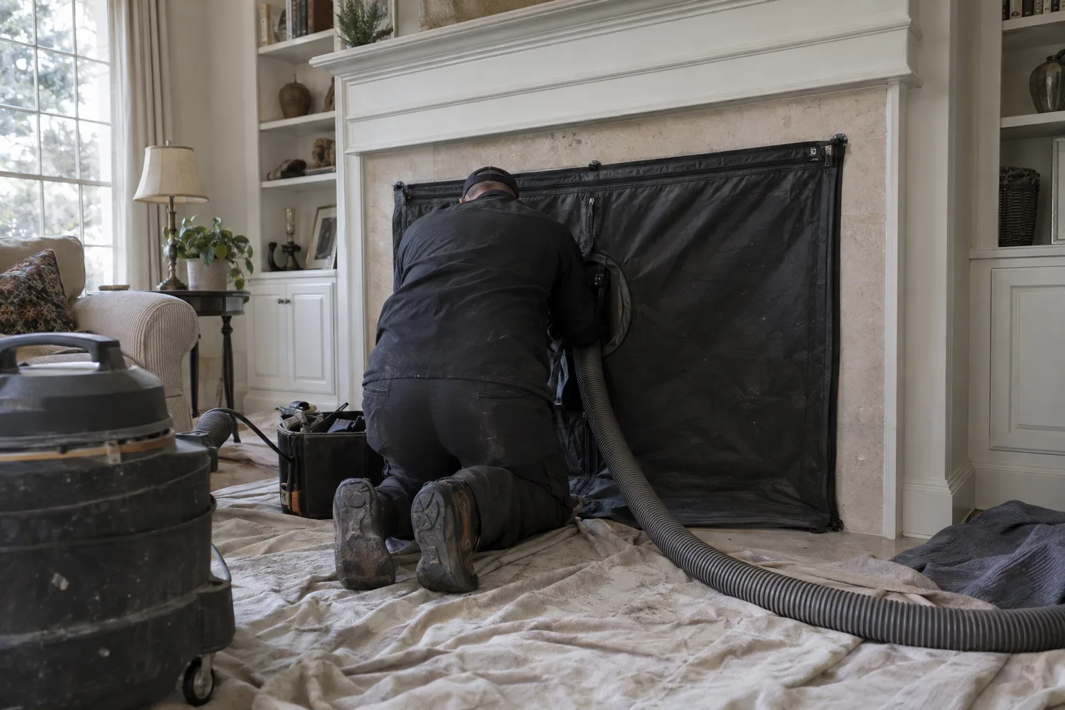Chimney sweep working at a fireplace covered with a black dust containment cloth and HEPA vacuum hose, drop cloths on the hearth and floor